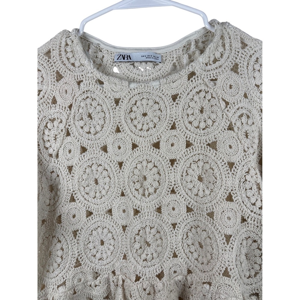 ZARA Crochet Small Round Medallion Peplum Top Short Sleeve Cream Beige White - Picture 5 of 8